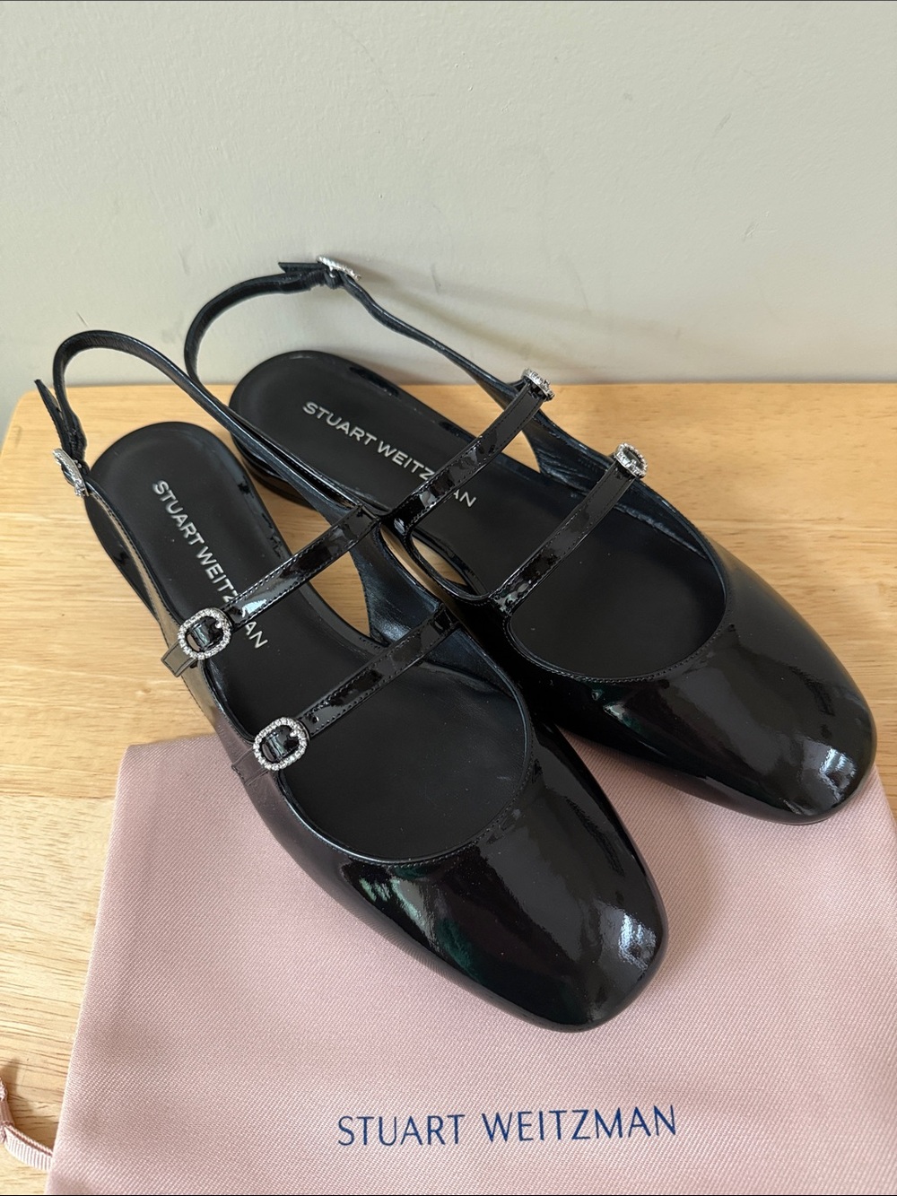 Stuart Weitzman Black Patent Leather Double-Strap Mary Jane Sling Flats